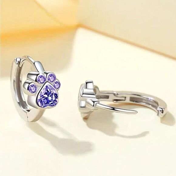 Cute Pet Paw Print Design Silver and Purple Tone & Zirconia Ear Stud Earrings - Picture 3 of 9